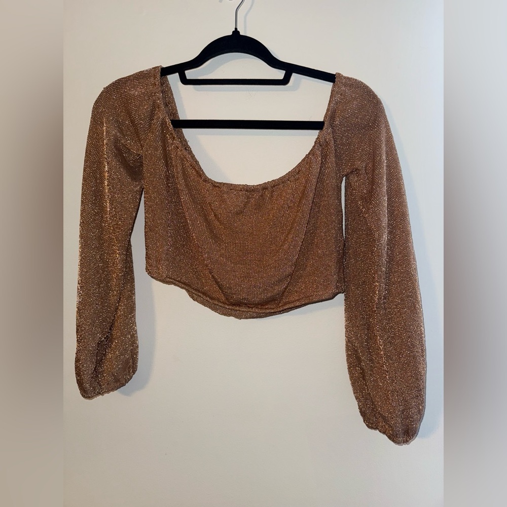 Lovers + Friends Gold Sparkly Long Sleeve Cropped Top Size Small